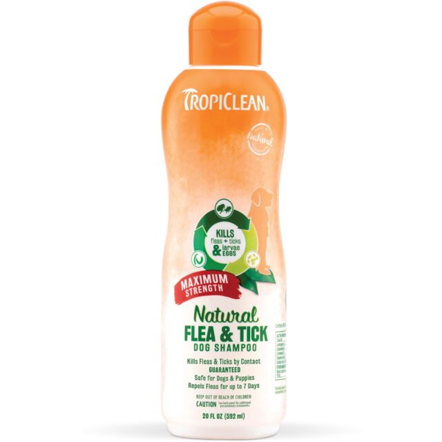 TropiClean Natural* Flea & Tick Maximum Strength Shampoo for Dogs 20oz – Pet-Safe Treatment Kills Fleas Ticks Larvae Eggs by Contact