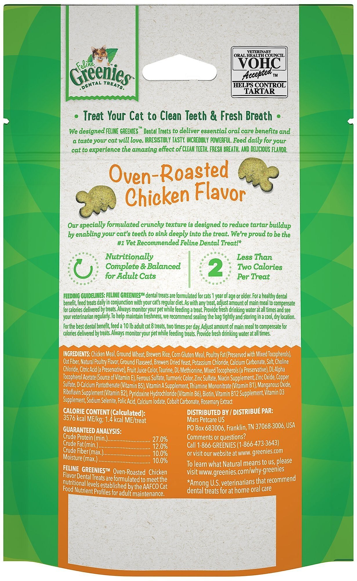 Greenies Feline Oven Roasted Chicken Flavor Adult Natural Dental Cat Treats 2.1 oz Pouch