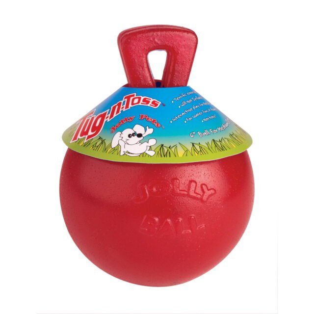 Jolly Pets Tug-N-Toss 6 inch Red Rubber Ball with Handle Chew Toy for Dogs