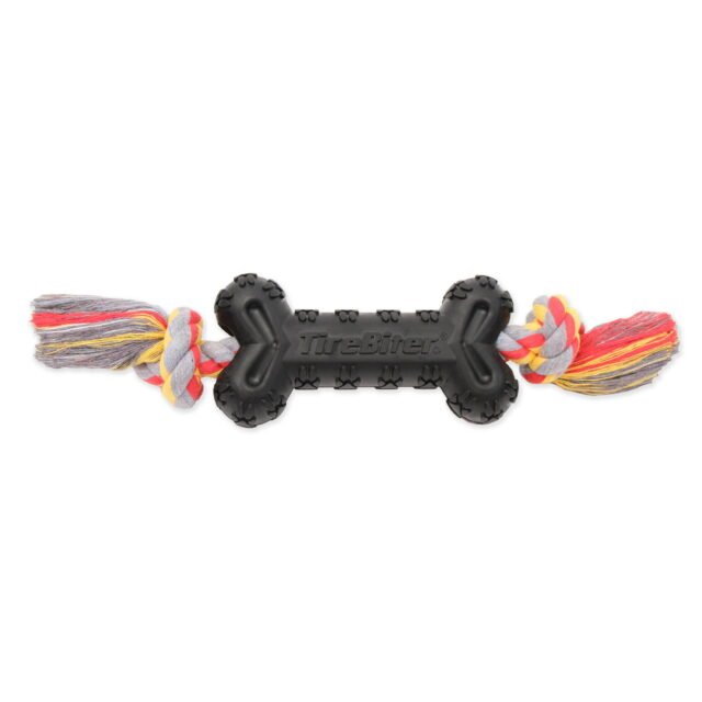 Mammoth TireBiter Advanced Bone Rubber Dog Toy w/Cottonblend Assorted Color Rope Large 7.25