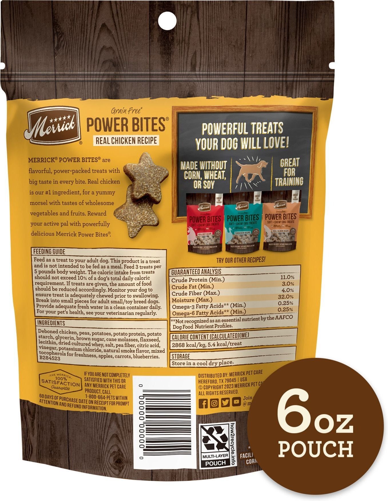 Merrick Power Bites Natural Soft And Chewy Real Meat Dog Treats Grain Free Snack With Real Chicken Recipe 6 oz. Bag