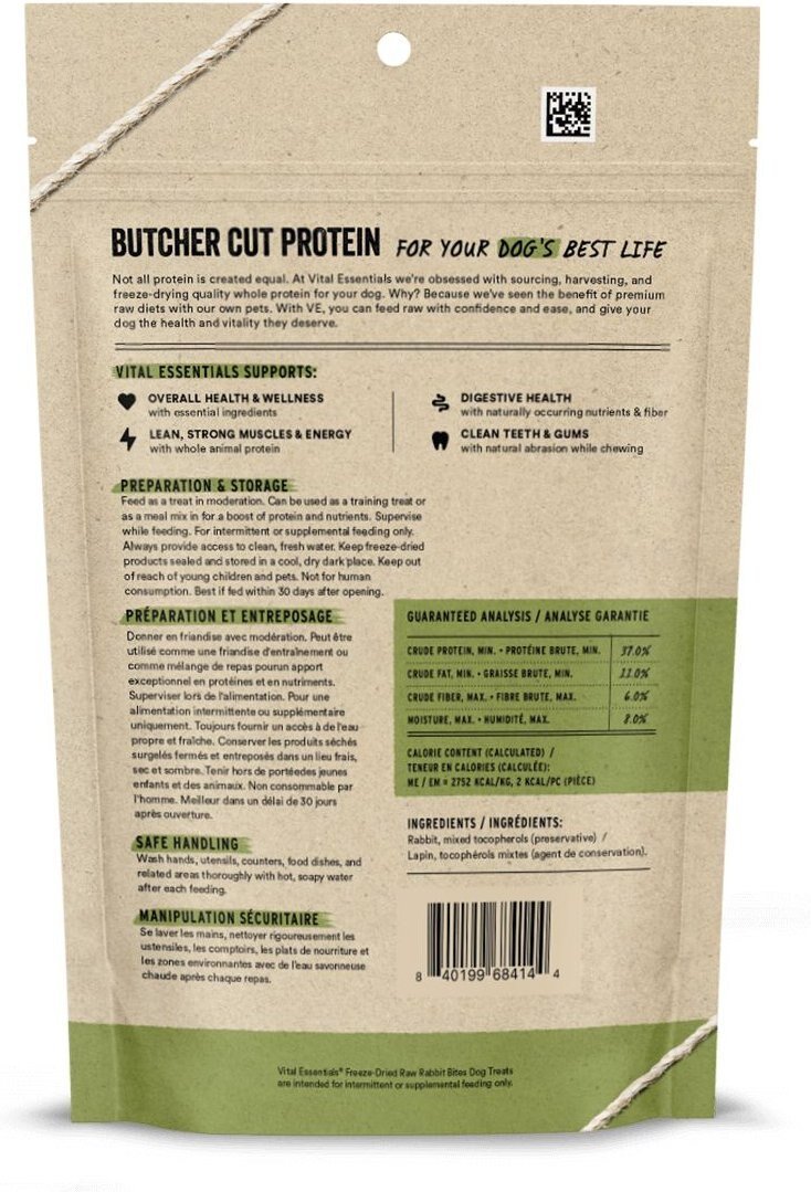 Vital Essentials Freeze-Dried Raw Rabbit Bites Dog Treats - back of package