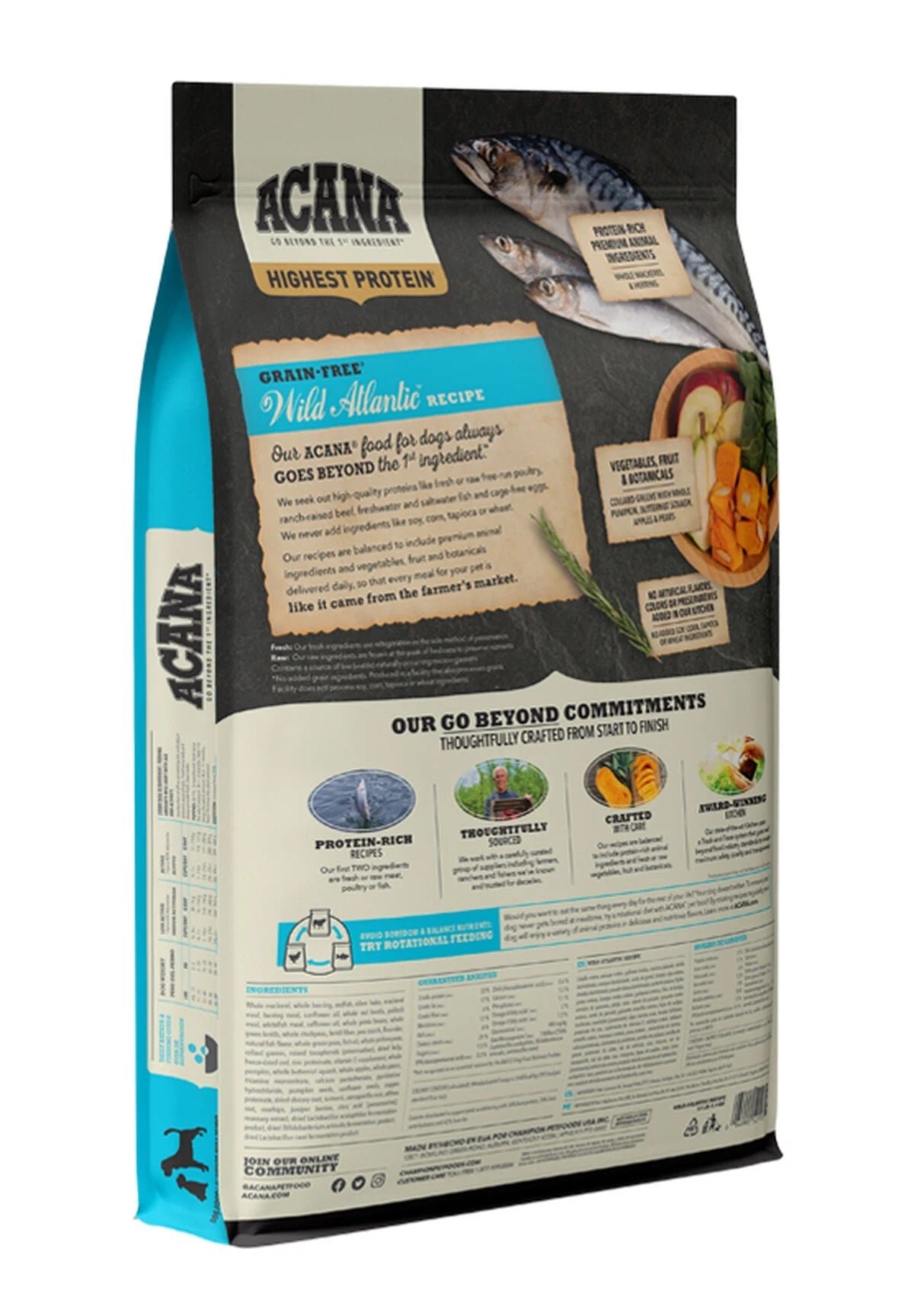 Acana Wild Atlantic Grain-Free Wild-Caught New England Fish & Kentucky Greens Dry Dog Food - back of bag