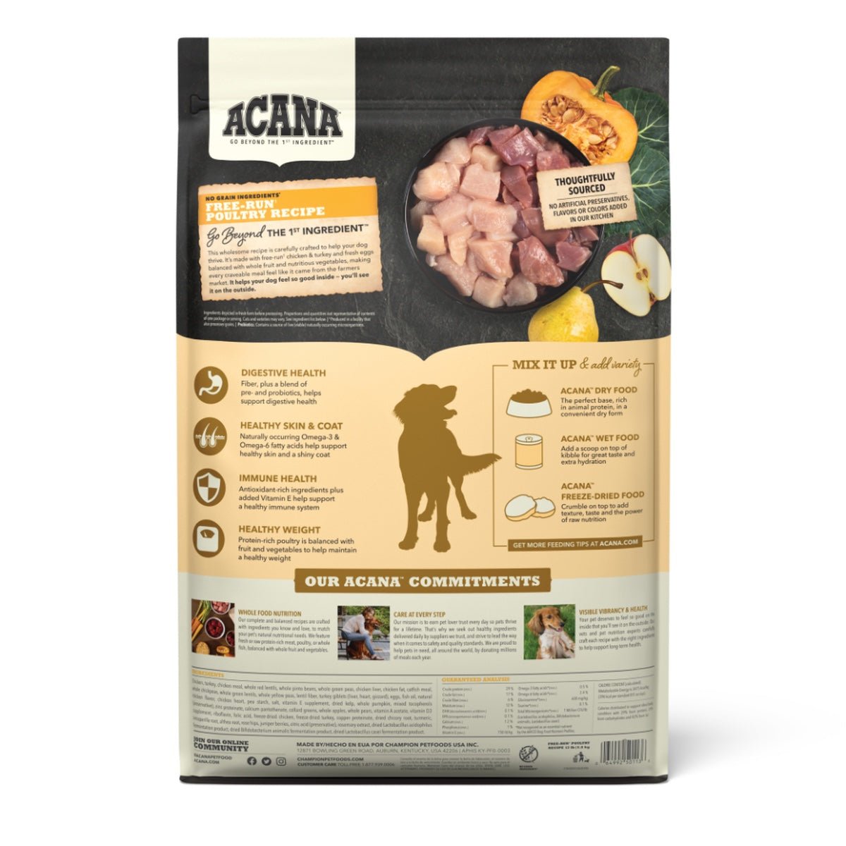 Acana Heritage Free-Run Poultry Formula Grain-Free Chicken Turkey & Egg Dry Dog Food - back of bag
