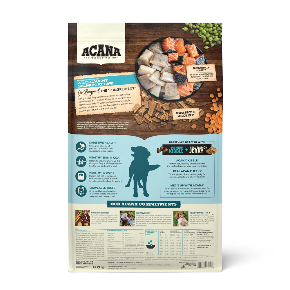 Acana Dog Food Wild-Caught Salamon Recipe 14 Oz - back of bag