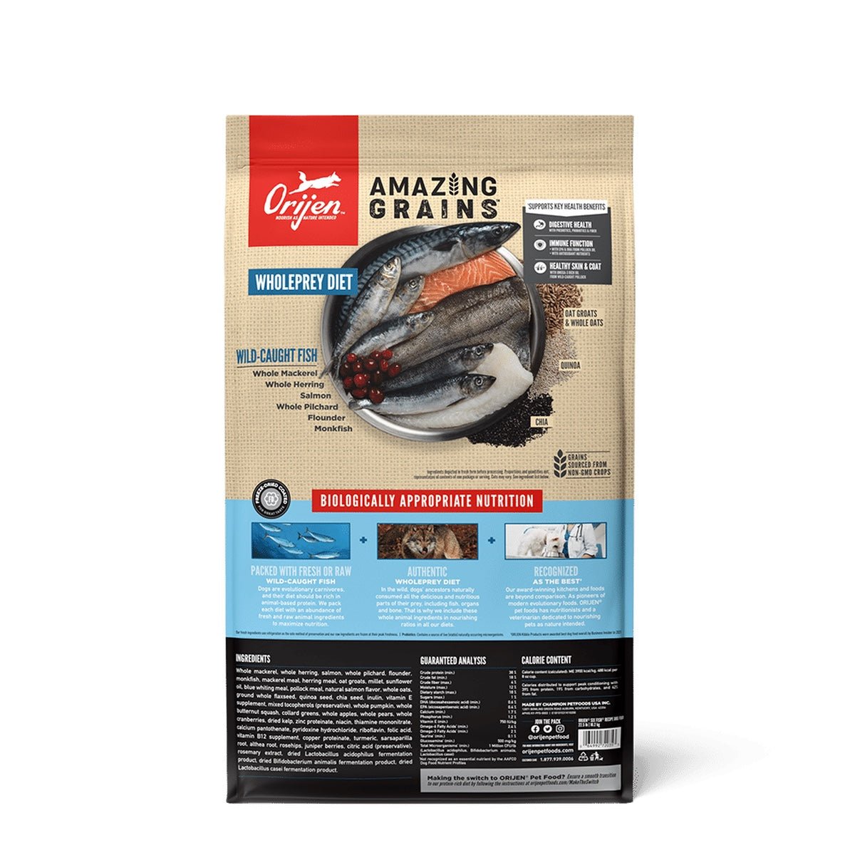 OrijenĀ® Amazing Grains Six Fish Recipe Dry Dog Food - back of bag