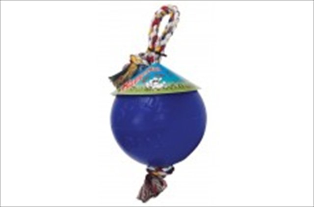 Jolly Pets Romp-n-Roll 8 inch Blue Rubber Ball with Rope for Dogs