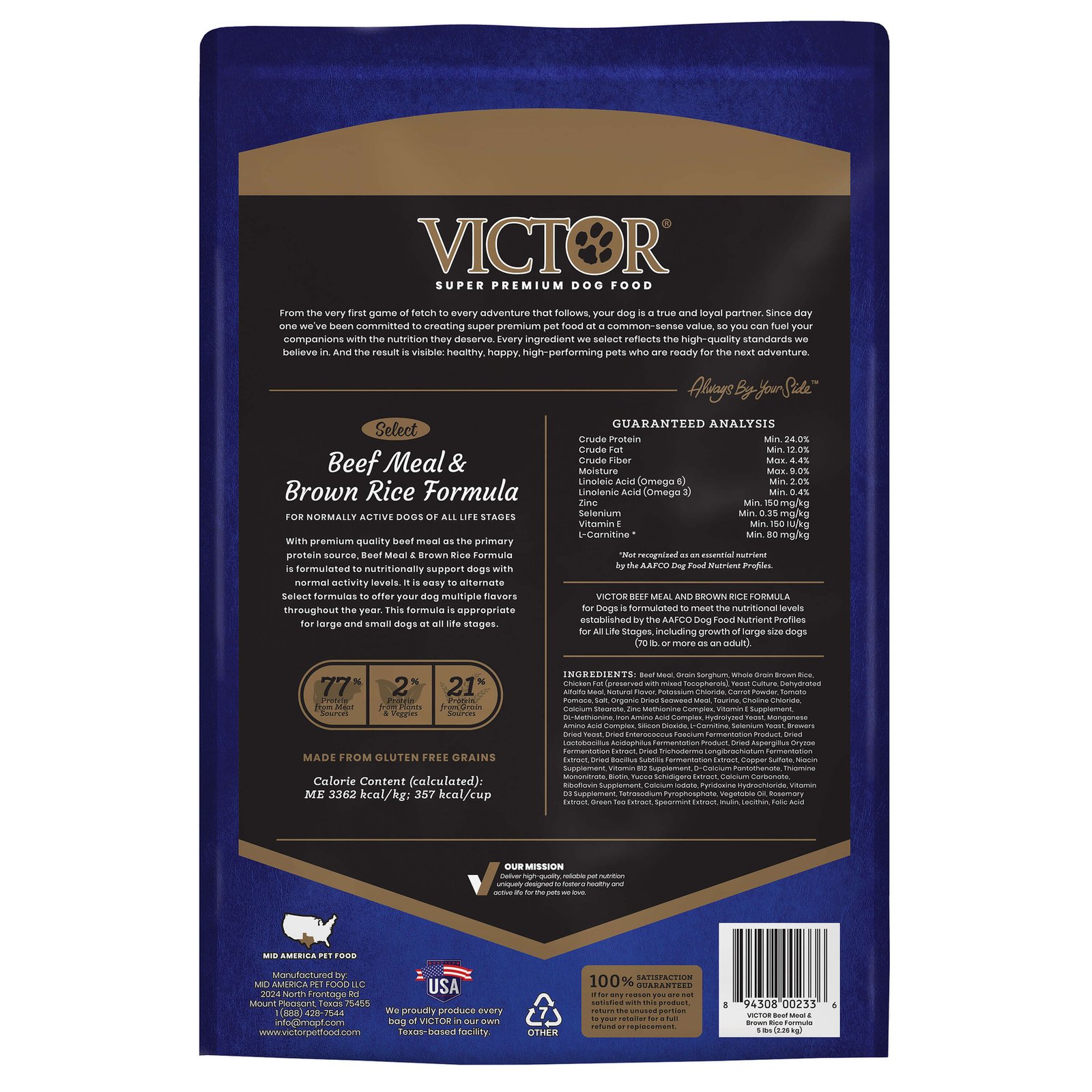 Victor Select Beef Meal & Brown Rice - back of bag